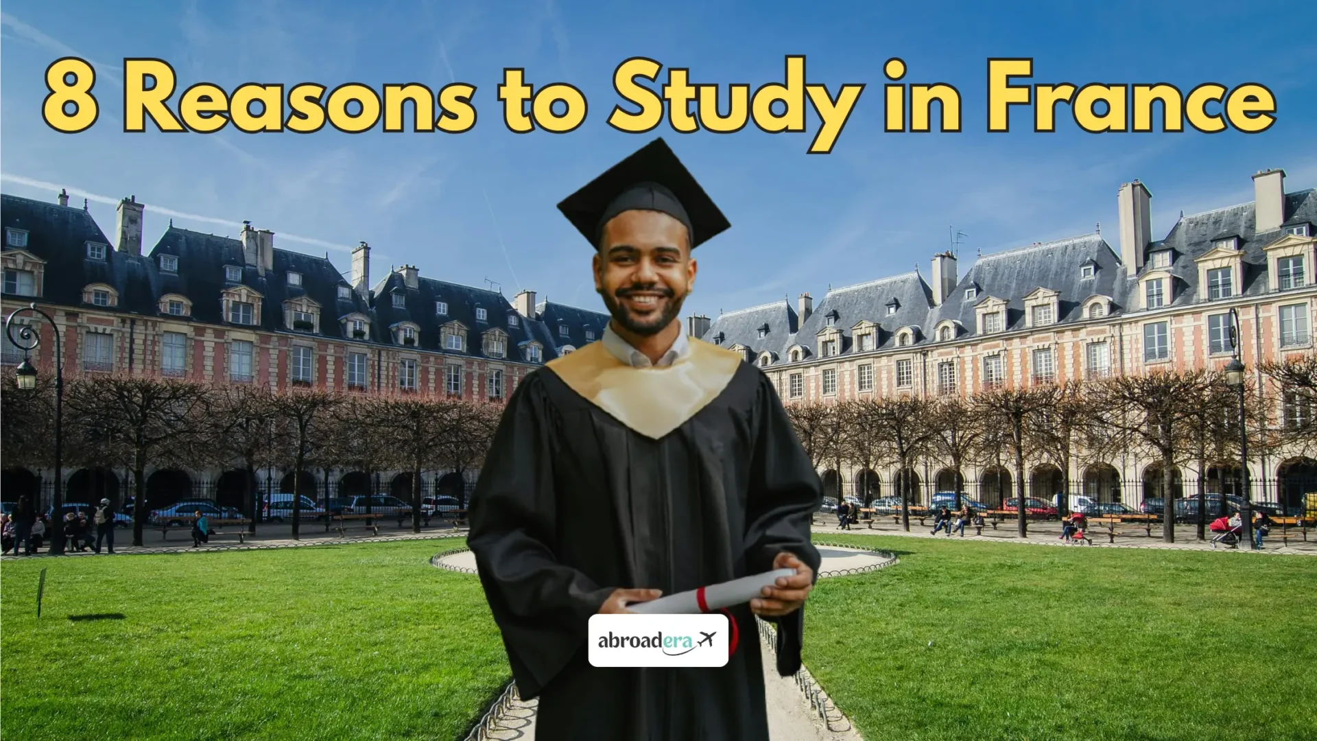 A student in graduation ceremony attire after completing his study in France with a background of renowned university