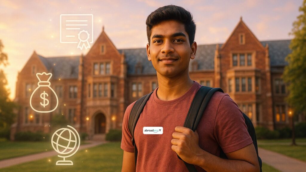 A confident Indian student standing with a backpack