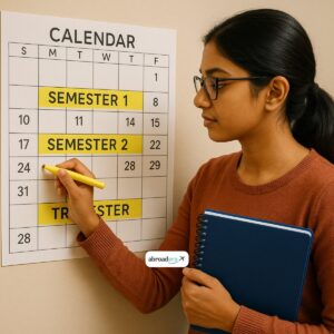 A calendar marked with 'Semester 1', 'Semester 2', and 'Trimester' dates. Include a student planning or highlighting a study schedule. Visual should represent time and academic organization.