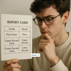 Close-up of a UK report card or transcript showing First Class, Upper Second Class, Lower Second Class grades. Include a thoughtful student analyzing results. Minimal, academic aesthetic.