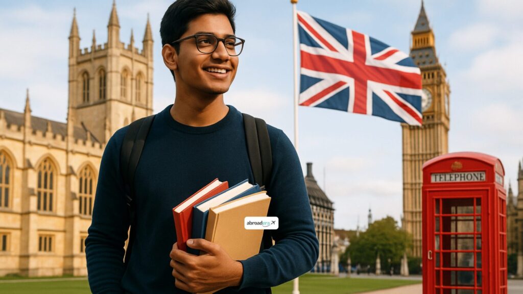 An Indian student holding books, walking near a famous UK university campus like Oxford or Cambridge. Background includes iconic British elements like the Union Jack flag, Big Ben, or a red telephone booth. Overlay text: 'Education System in the UK – What Every Student Must Know'. Bright and professional aesthetic, with academic and aspirational vibes. Ideal for a study abroad blog banner.
