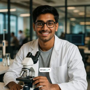 Student wearing a lab coat working in a research lab or interning in a tech office. Blend of academic and real-world professional background. Collaborative and aspirational vibe.
