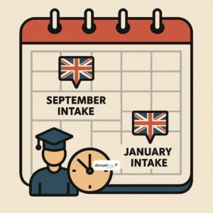 Calendar with UK intakes marked for September and January showing study in UK application timelines.