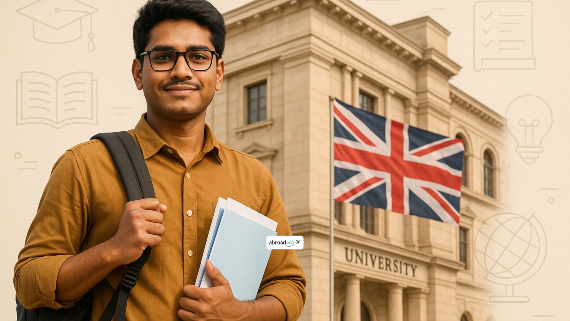 Indian student in front of a UK university building representing the study in UK admission process.